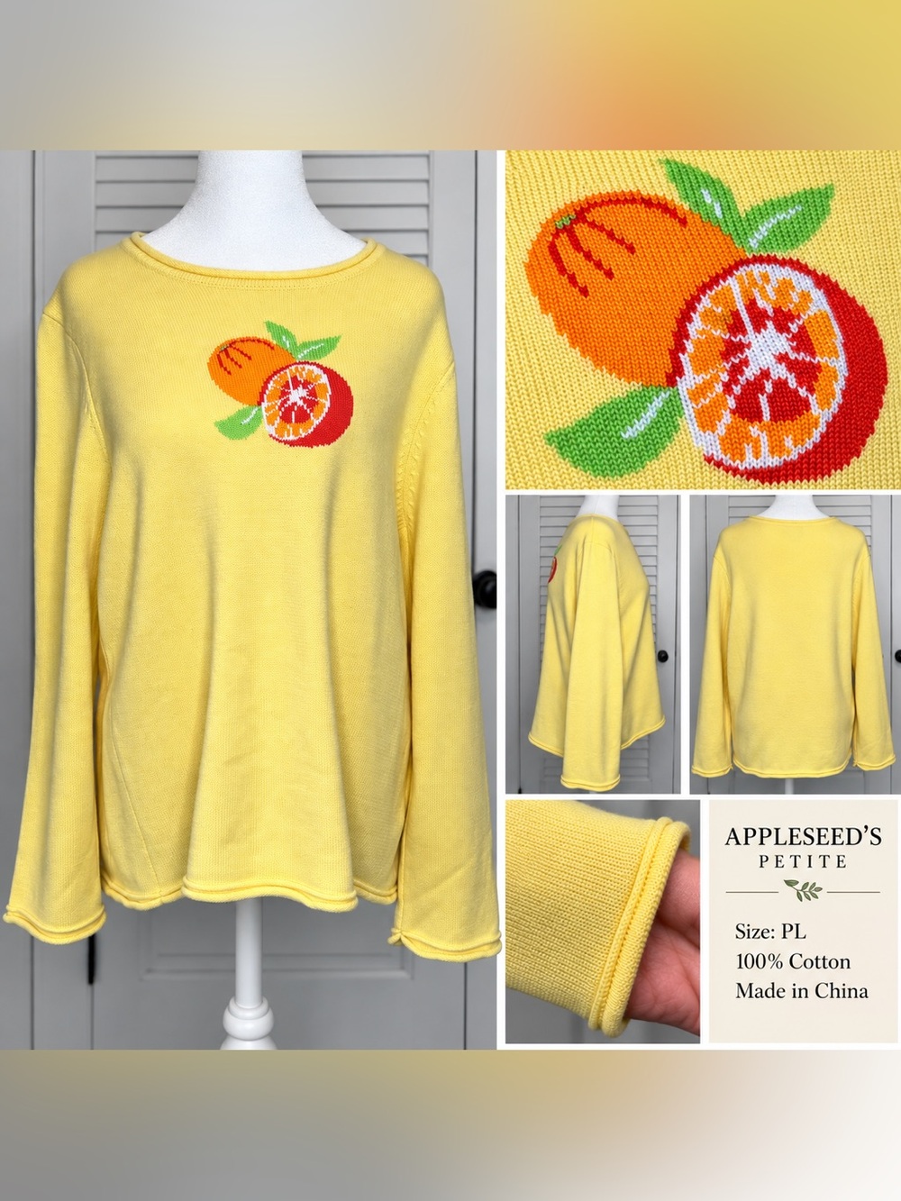 Appleseed’s Petite Yellow Citrus Knit Sweater PL | 100% Cotton